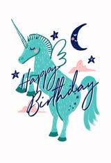 Turquoise Unicorn, a happy birthday card for kids with a rearing turquoise winged unicorn